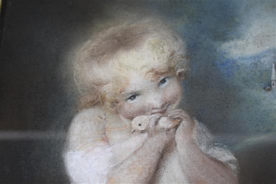 Early 19th century English School, pastel, Child holding a chick, 27 x 24cm and an oil on panel of a Reynolds Angel, 18.5 x 22cm